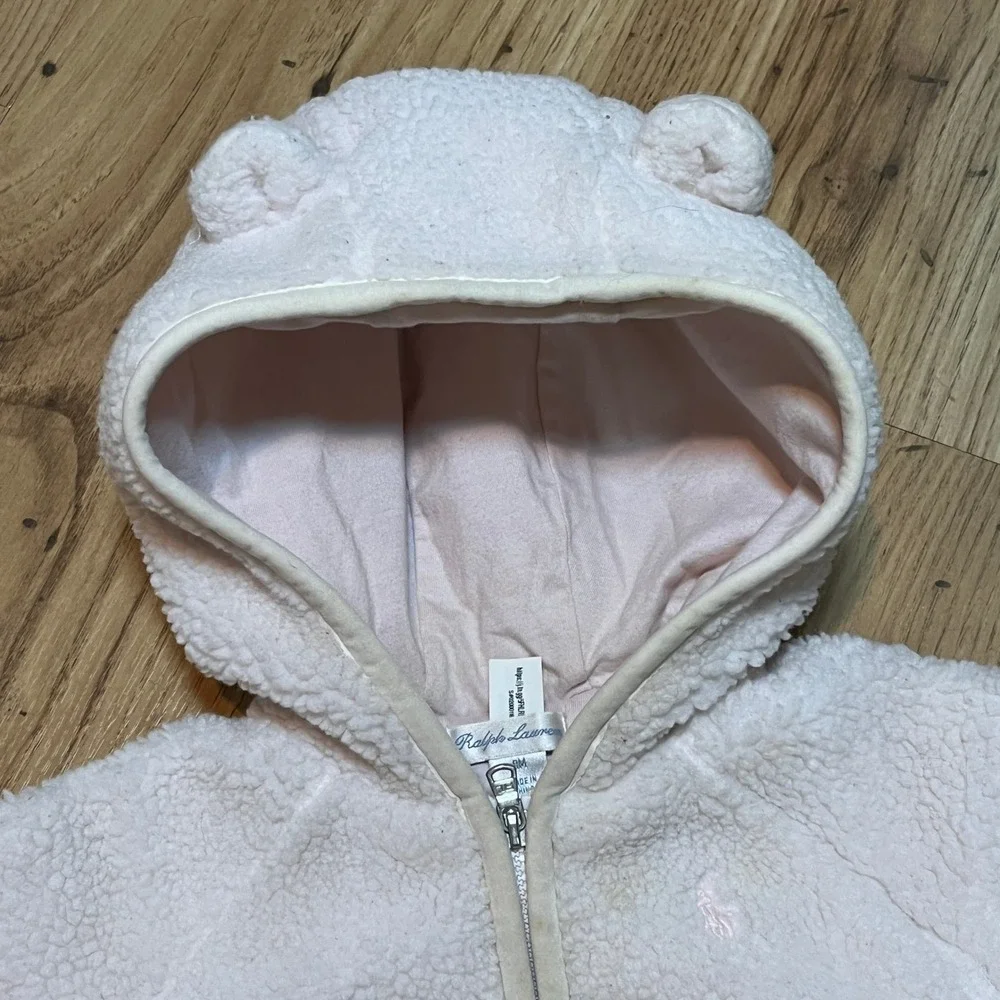 Ralph Lauren Sherpa Fleece Bunting Baby 9M Cream Hooded One Piece Zip Up Suit